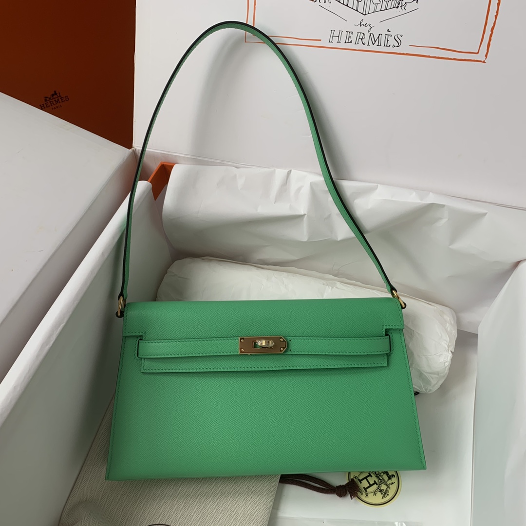 Hermes Kelly Elan Shoulder Bag in Green Epsom Leather 